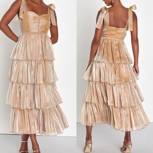 NWT Lulus Small Gold Radiant Arrival Shiny Gold Organza Tiered Tie-Strap Maxi